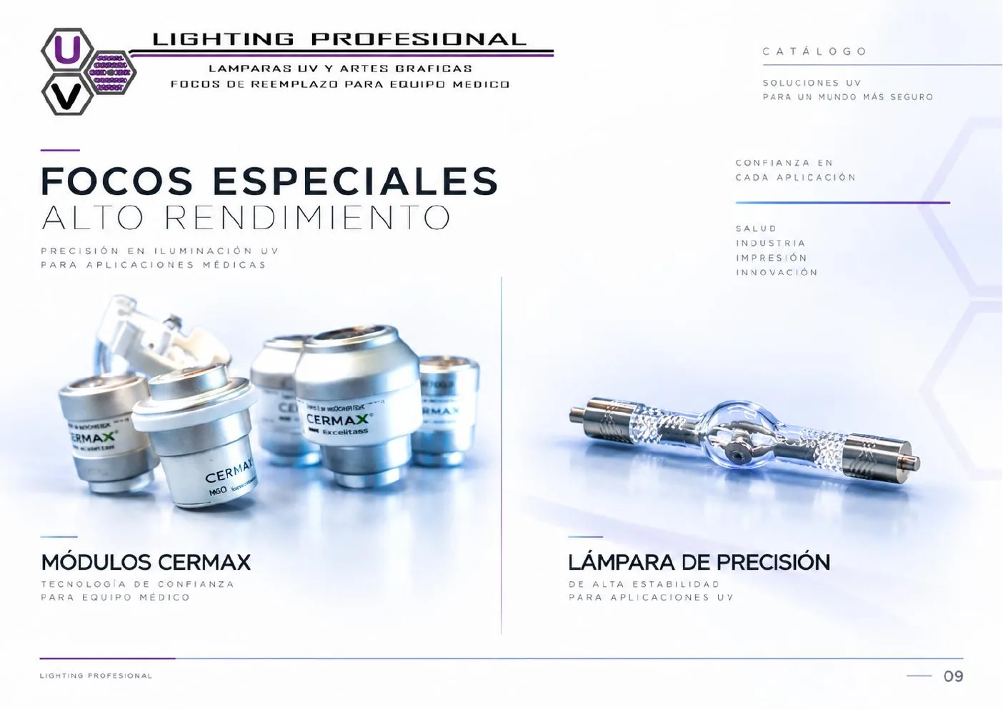 Catálogo UV Lighting Profesional, focos para equipo médico
